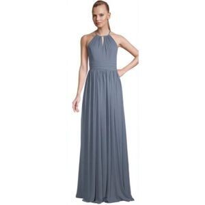 BILL LEVKOFF Gray Halter Top Ruched Chiffon Maxi Prom Dress Gown Size 8